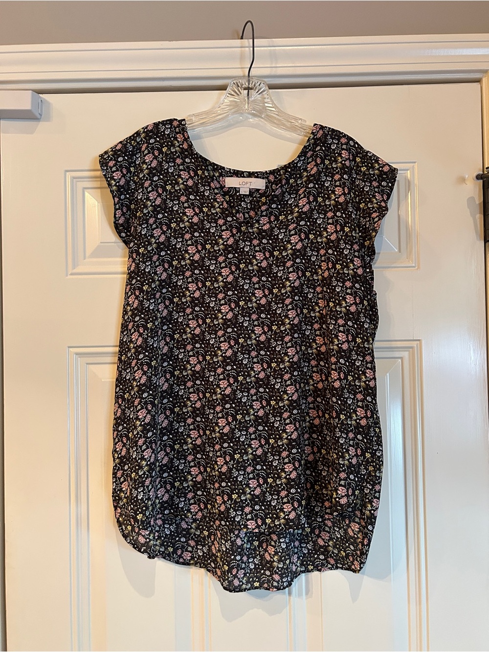 LOFT Black Floral Short-Sleeve Blouse with Pink and Cream Accents
